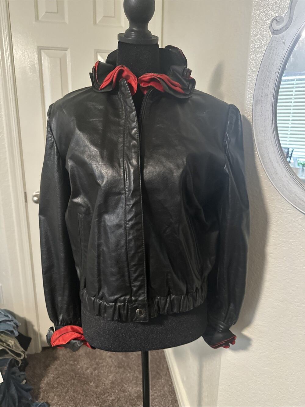 Vintage 80s Marco Morani Leather Ruffle Jacket Argentina Made Black Red Size S/M